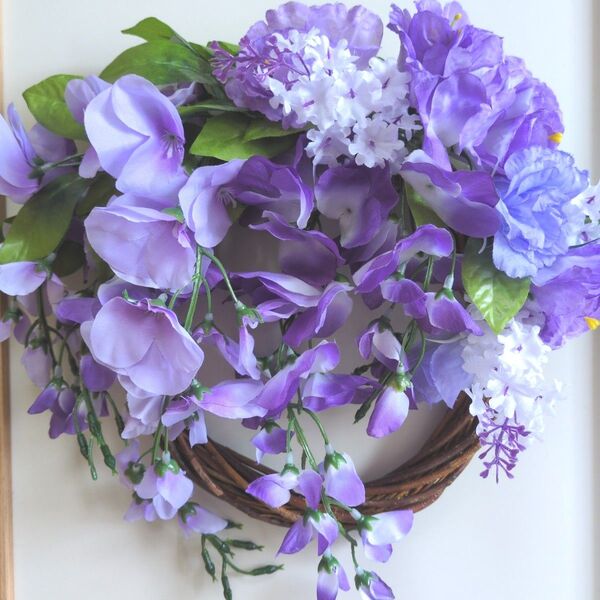 大人可愛い藤の花とトルコキキョウリース♪アーティフィシャルフラワーリース♪