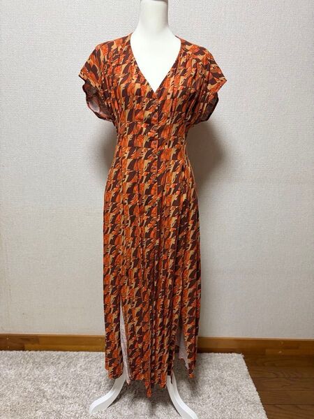 【美品】JEANASIS アフリカン柄リネンワンピース フリーサイズ オレンジ 茶 裾スリット ウエストタック ジーナシス