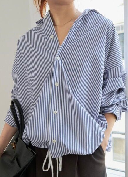未使用品 Spick and Span CO/PEストライプヘムギャザーシャツ