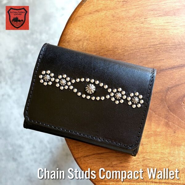 栃木レザー コンパクト財布 ミニ財布 スタッズ財布 二つ折り財布 メンズ財布 wallet 小さい財布 【新品】 ブラック