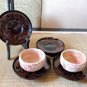 茶道具 越前塗り 茶托 五客 木製 黒塗り 牡丹彫 漆器