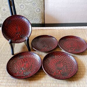 山中塗 加賀紅梅 5枚組 箱なし 漆器 茶道具 木製 茶托 小皿 菓子皿 銘々皿