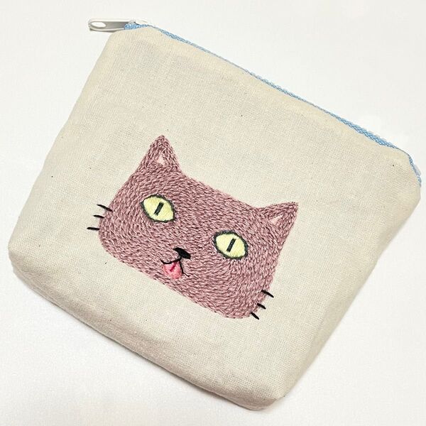 刺繍 猫 ファスナー ポーチ ハンドメイド