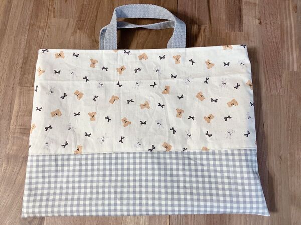 ハンドメイド レッスンバッグ くまリボン アイボリー チェック グレー
