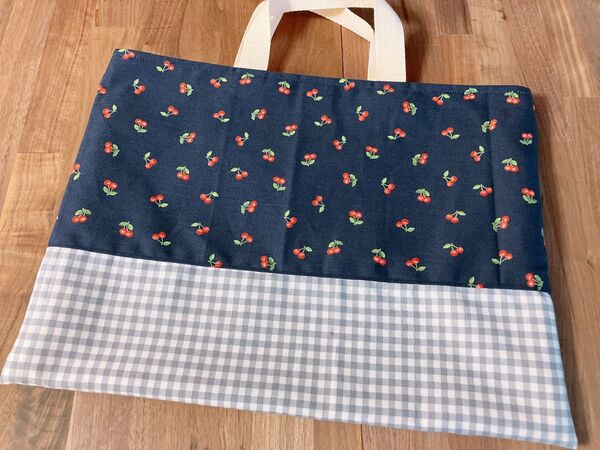 ハンドメイド レッスンバッグ チェリー ネイビー チェック グレー