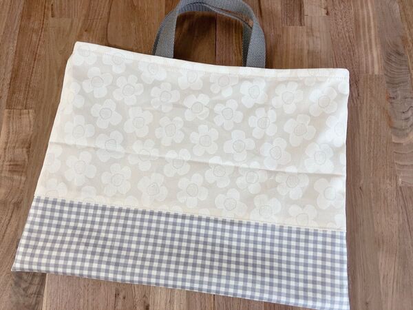 ハンドメイド レッスンバッグ フラワー ホワイト アイボリー チェック グレー