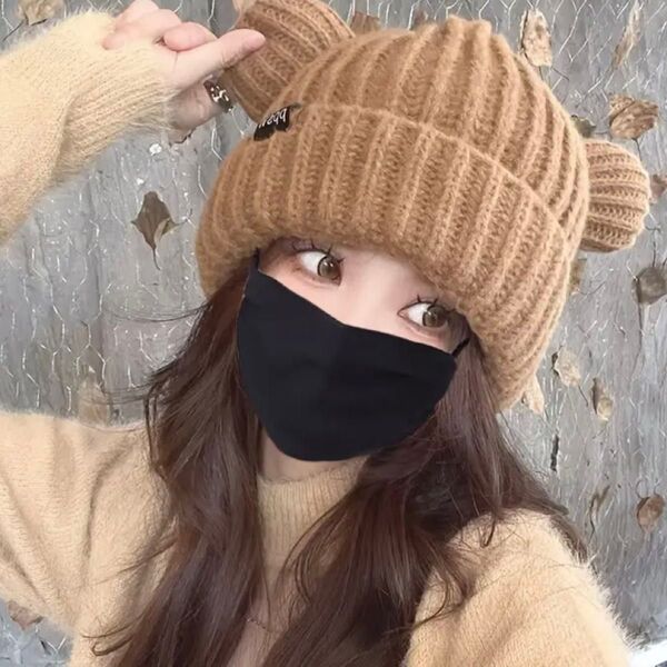 くま耳 ニット帽 秋冬 くまさん 韓国 ブラウン レディース 防寒 ニット 帽子 ニットキャップ シンプル 男女兼用