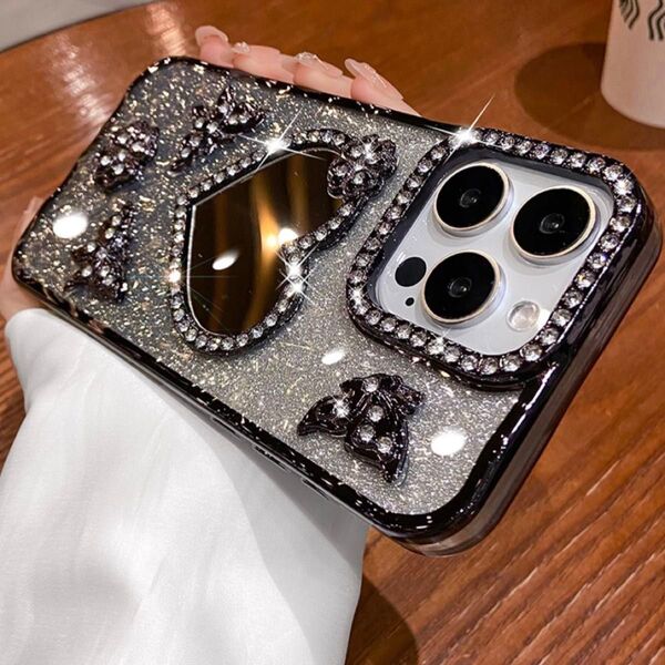 iPhone16 スマホケース ハートミラー高級感 ケース バタフライ ブラック フラワー 花 鏡 可愛い カバー