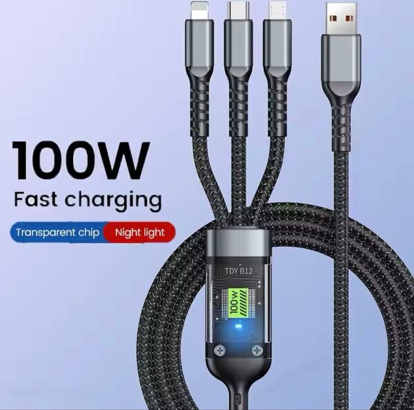 新品 3-in-1 MAX 100W 急速充電対応 LED インジケータ 充電 3台 同時給電 可能 ケーブル 2m