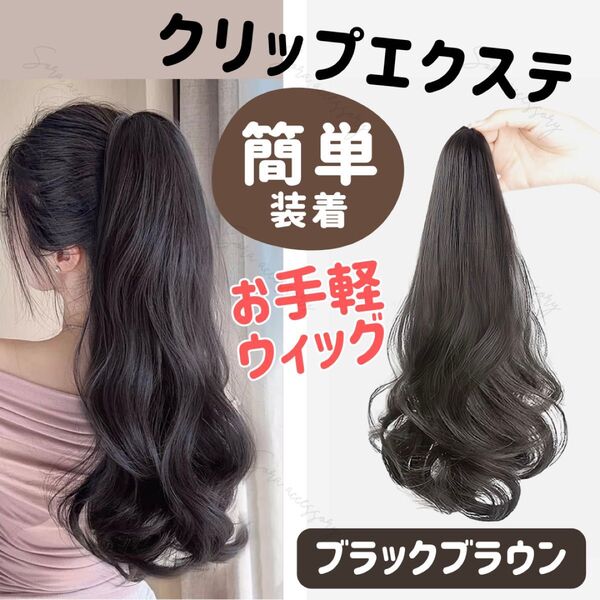 【ブラックブラウン】ポイントウィッグ クリップ式 ポニーテール50cm エクステ