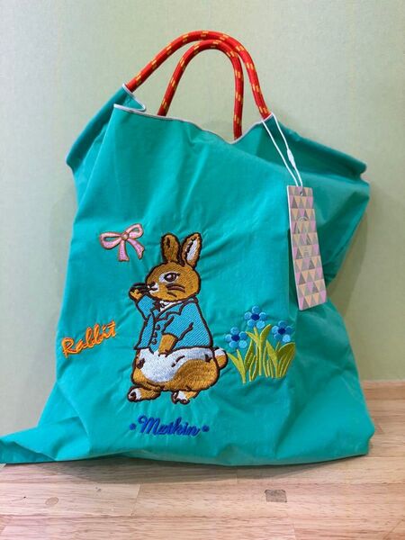 ★D.KELLY 新品タグ付き ラビット刺繍エコバッグ ロープ ナイロン製 グリーン パラコードバック 車 エコバッグ サブバック