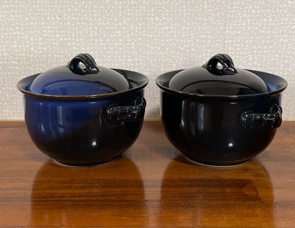 蓋付き小鉢 蓋付茶碗 蓋付容器 陶磁器 茶碗蒸し プリン容器 スープ ココット容器 2客セット 青×黒