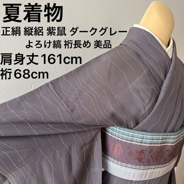 夏着物 正絹 縦絽 紫鼠色 ダークグレー系 よろけ縞風 裄長め 夏物 薄物 美品