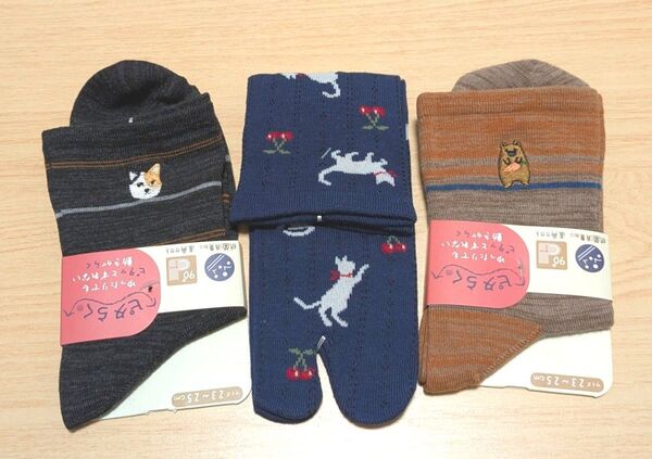 未使用☆動物柄☆靴下 3足セット☆レディース 猫 クマ