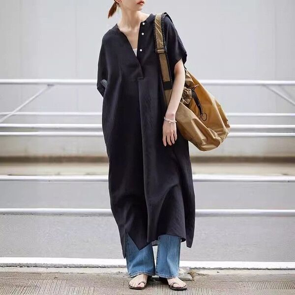 ロングワンピース ワンピース シャツワンピース 夏 春 ロング 半袖 体型カバー コットン 上品 抜け感 黒 ブラック