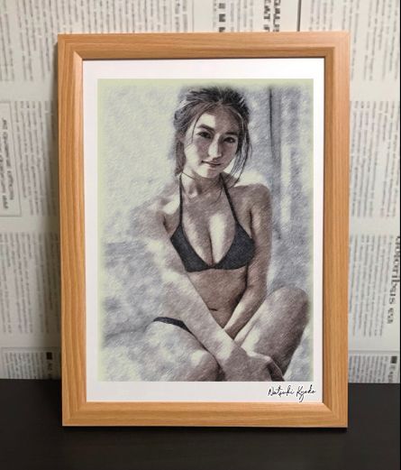 女優画11 額装品 額縁寸法34cm×25cm ペン画 カラー着色 京藤夏樹真作