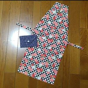 椿、市松柄♪手作り着物用エプロン