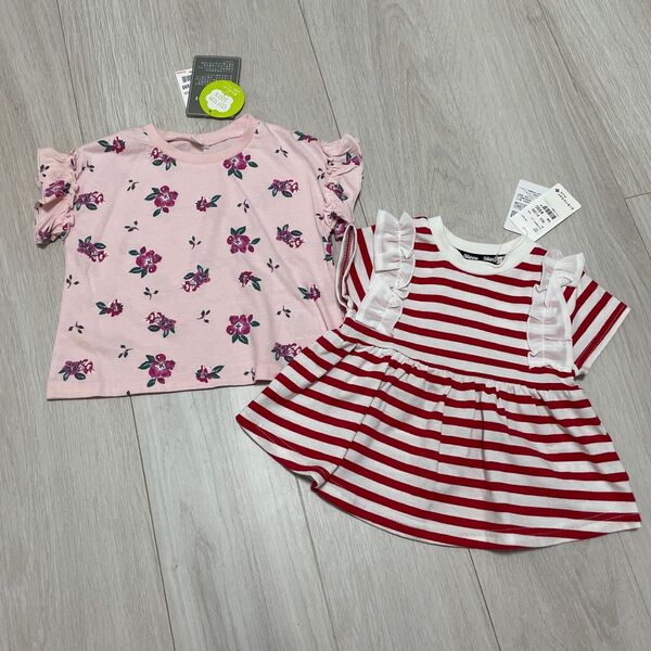 80cm 花柄半袖Tシャツ ボーダー柄チュニックTシャツ 2枚セット 女の子