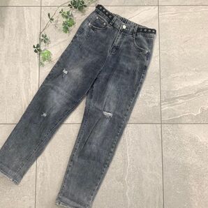 ダメージ ジーンズ ウエストゴム入り ストレッチ素材 グレー系 M