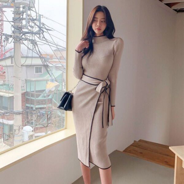 ニットロングワンピース ベージュ 配色ラップ ニットワンピ ハイネック 冬 春 R きれいめ