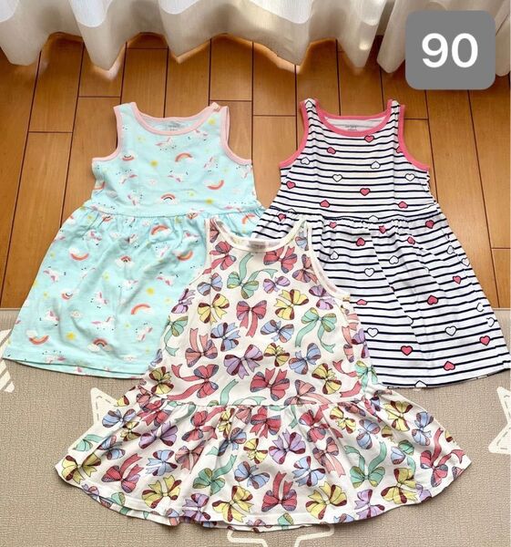 H&M など ハート リボン ポニー ノースリーブ ワンピース 3点セット 90