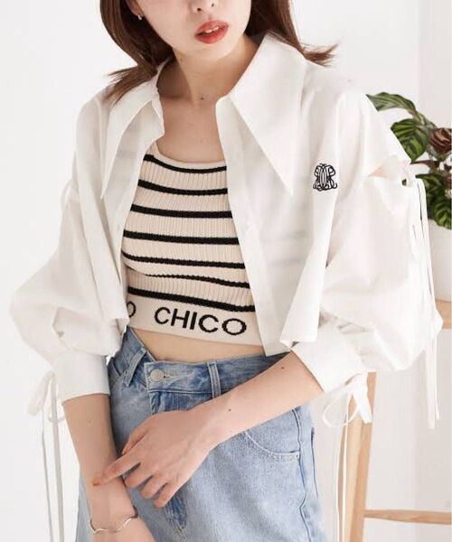 CHICO 7分袖肩スリット短丈シャツ クロッブド丈シャツ