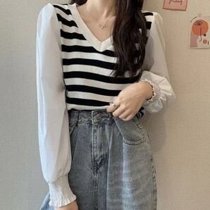 袖切り替えボーダーニットトップス