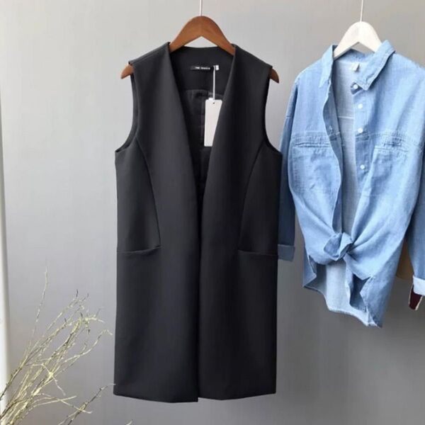 【再入荷】 【大人気】 ベスト ジレ テーラード ノーカラー Lサイズ 新品 オフィス シンプル ブラック グレー 前開き 着回し