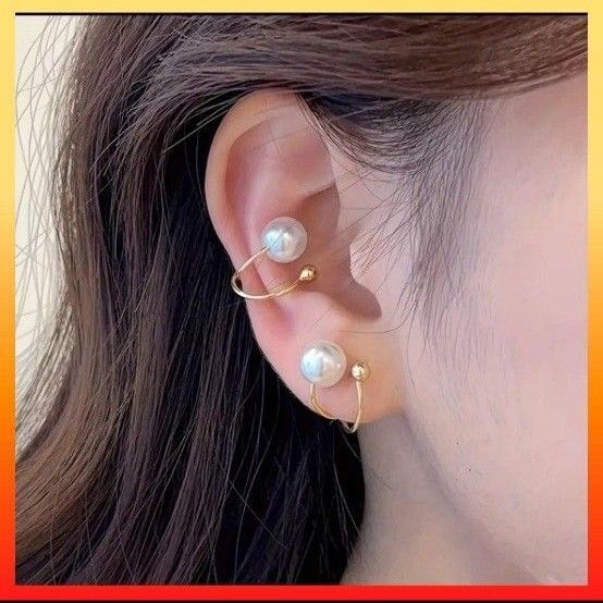 【2個】パール ゴールド イヤーカフ 可愛い 韓国 新品 結婚式 卒業式 両耳 イヤーカフ