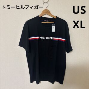 トミーヒルフィガー USサイズXL ブラックTシャツ ワンポイント刺繍とプリント