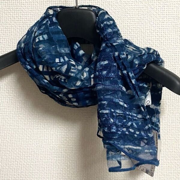 未使用タグ付き シルク混ストール ショール ネイビー ボーダー 花柄刺繍 ATTENTION HYO シースルー