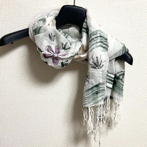 未使用 インド綿100% ショール ストール 花柄刺繍 グリーン 日焼け 防寒対策 シースルー