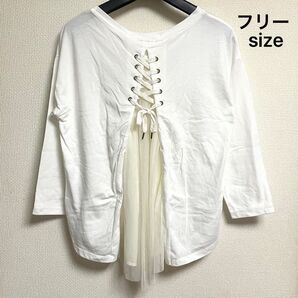Ehyphenworldgallery 背面チュールTシャツ カットソー フリーサイズ ホワイト バックデザイン