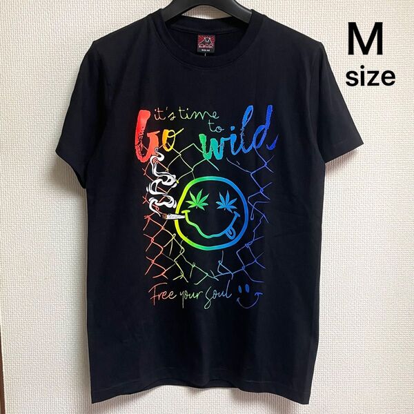 未使用タグ付き vex M スマイル 煙草ニコちゃん 蛍光レインボー色 半袖Tシャツ カットソー ブラック 男女兼用 ユニセックス
