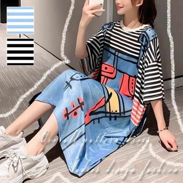 ブラックボーダー 大きいサイズ オーバーオール柄 ワンピース 半袖 ミモレ丈 膝丈 ルームウェア 総柄 Tシャツ生地 レディース