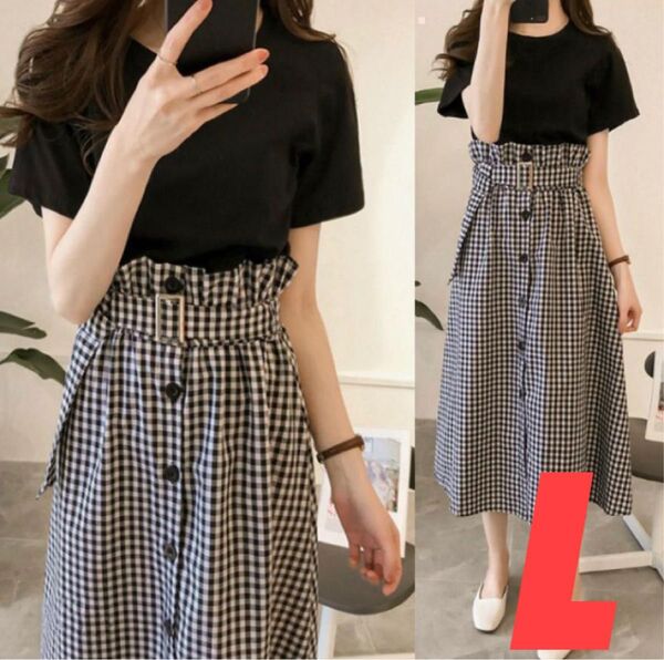 レディース ロングワンピース セットアップ フレアスカート 半袖 ひざ丈 ベルト チェック L