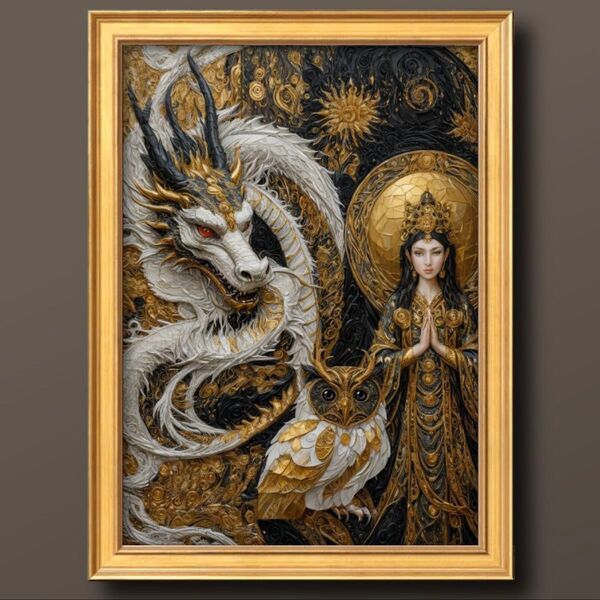 開運竜と釈迦 ふくろう 額縁付き 風水ヒーリング 幸福絵画グラフィックアート