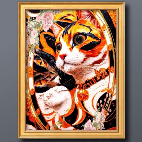 幸運が舞い込む猫 額縁付き 開運風水ヒーリング 開運絵画グラフィックアート