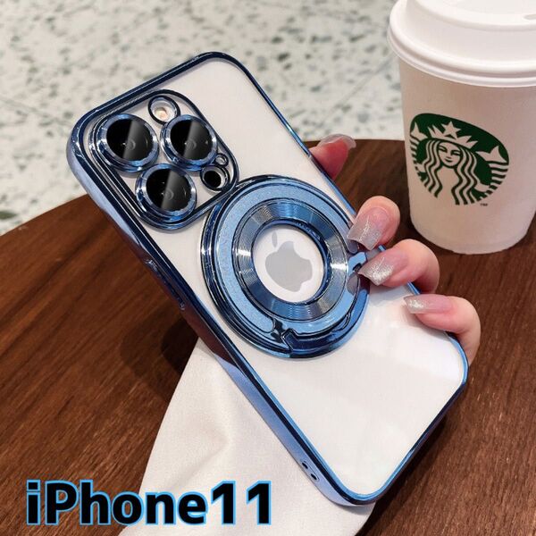 iPhone11 ケース 水色 メッキ リング スタンド MagSafe レンズ保護 カバー クリア iphone 対衝撃 青