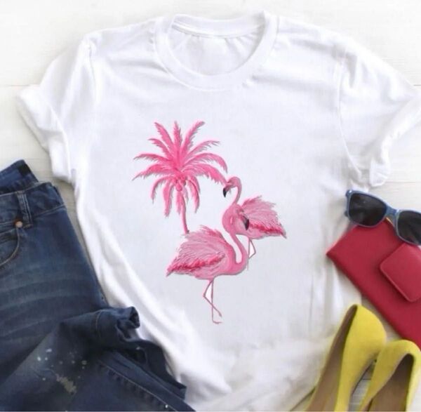 セール!フラミンゴのハワイアンTシャツ M★ピンク フラダンス★リゾート サーフィン ビーチ★可愛い おしゃれ 南国 海 鳥