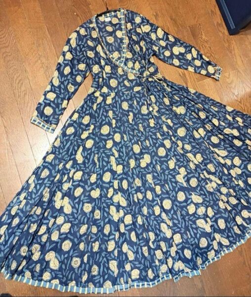 高級インド カシュクール ワンピース クルタ ブロックプリント ウッドビーズ