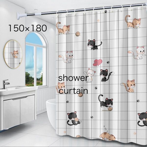シャワーカーテン 猫柄 キャット ポップ かわいい ホワイト地 白 猫好き