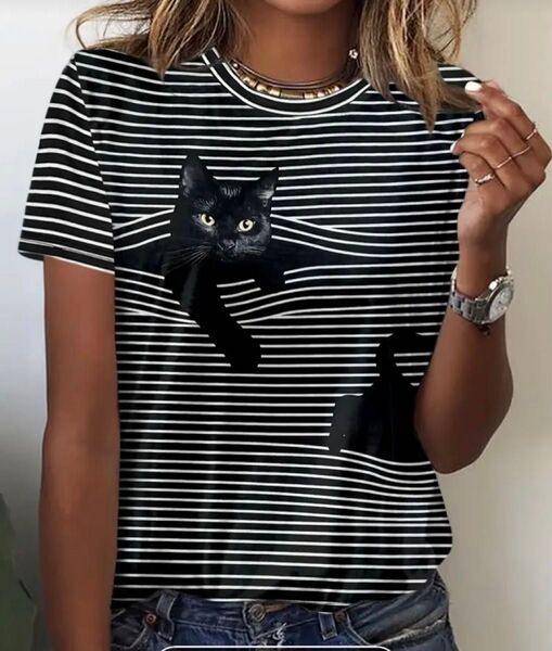 猫柄 半袖Tシャツ ボーダー 黒猫 Lサイズ