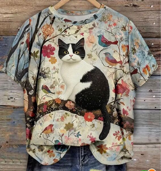 ハチワレ猫ちゃん♪ 猫柄 半袖Tシャツ Lサイズ