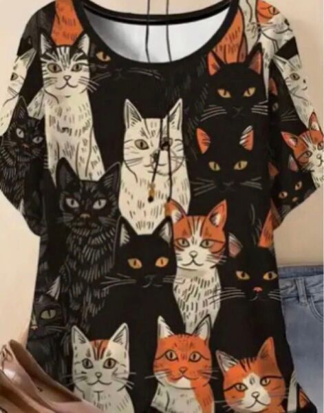 猫柄 半袖Tシャツ ブラック 0XLサイズ