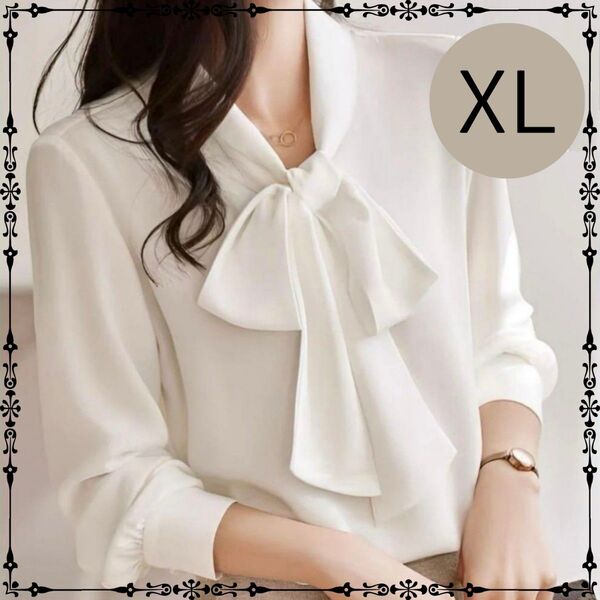 【新品 ・XL】リボン シフォン ブラウス ホワイト XL シャツ 長袖 ボウタイ