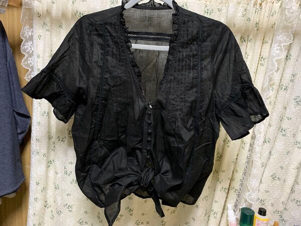 カーディガン 黒 トップス シフォン 薄手 半袖