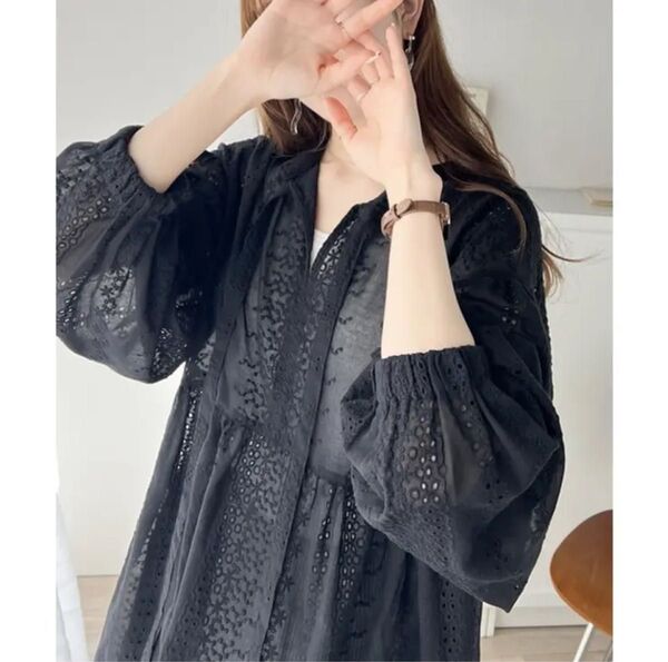 2WAYシアー刺繍ペプラム切替ブラウス 長袖シャツ