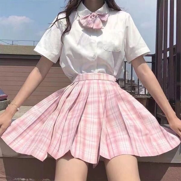 JK制服 ピンク系チェック柄プリーツスカート 3点セット コスプレ高校卒業入学 L 女子高生制服セット 甘可愛女子
