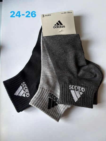 adidas アディダス 靴下 ソックス メンズ 3足組 スニーカーソックス ブラック、ダークグレー、グレー 24〜26cm